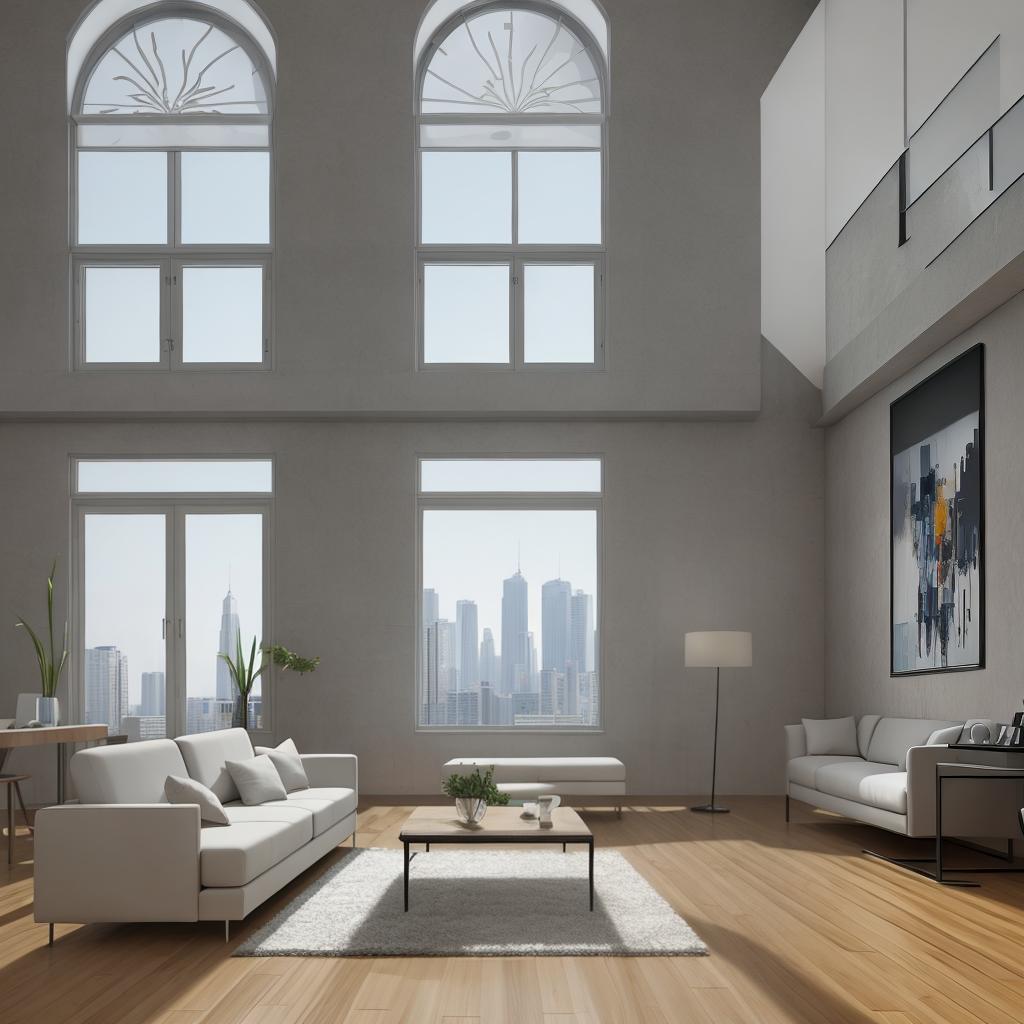  masterpiece, best quality, Best Quality, Masterpiece, 8k resolution,high resolution concept art of an apartment living room with floor to ceiling windows and modern furniture