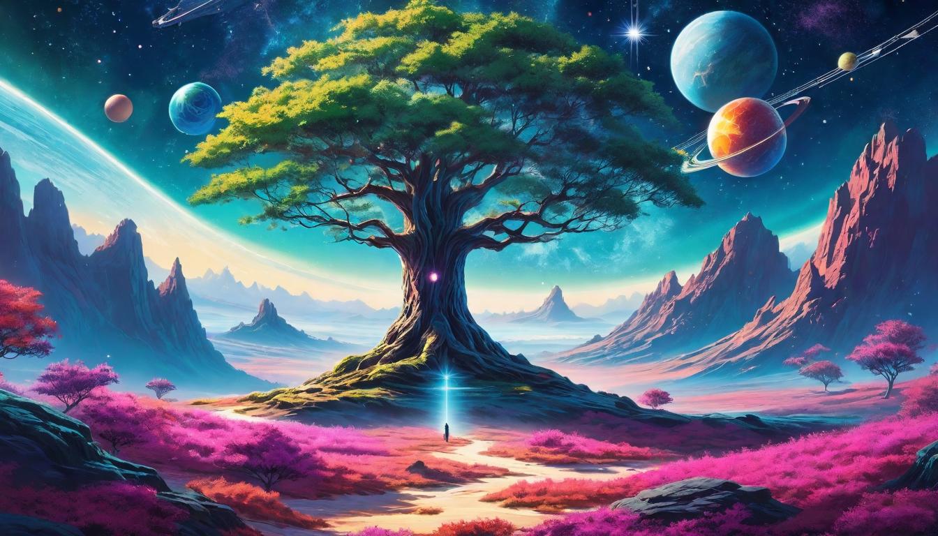  retro futuristic A solitary tree on a vast cosmos backdrop, roots intertwined with stars and planets, unity with the universe, whispering secrets of nature, celestial whisper, solitude in unity. lvintage sci fi, 50s and 60s style, atomic age, vibrant, highly detailed