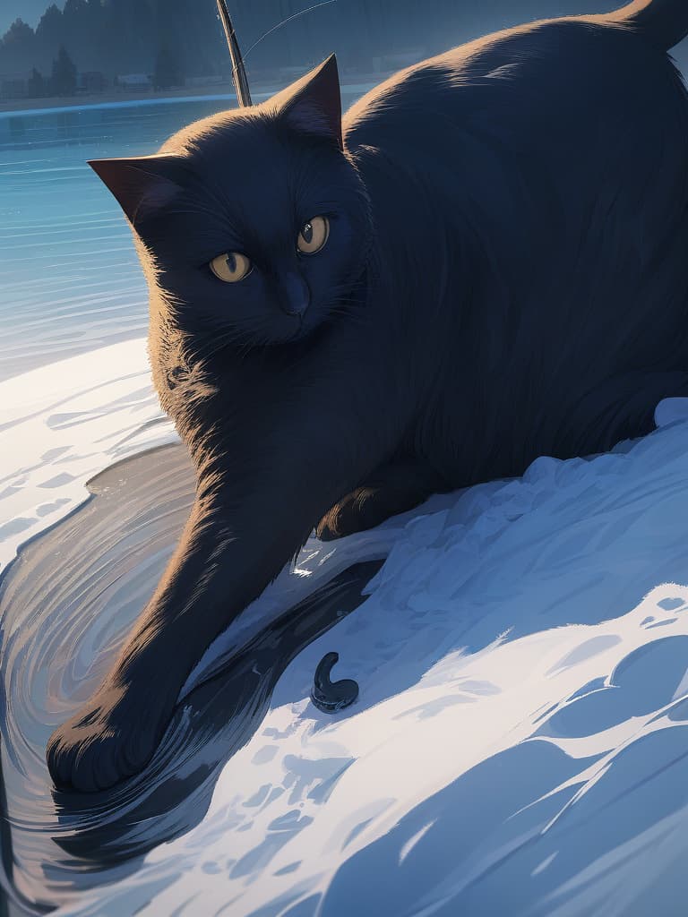  (((釣り猫、black cat that fishing small fish、black cat fishing with a tail:1.4)))、((icon、symbol design))、black cat & small fish、(long shot、on the frozen lake)、best quality:1.4、masterpiece:1.4、ultra detailed texture、RAW photorealistic、absurd resolution、8K illustration、no background、💩、💩、💩、💩、💩、, masterpiece, best quality,8k,ultra detailed,high resolution,an extremely delicate and beautiful,hyper detail