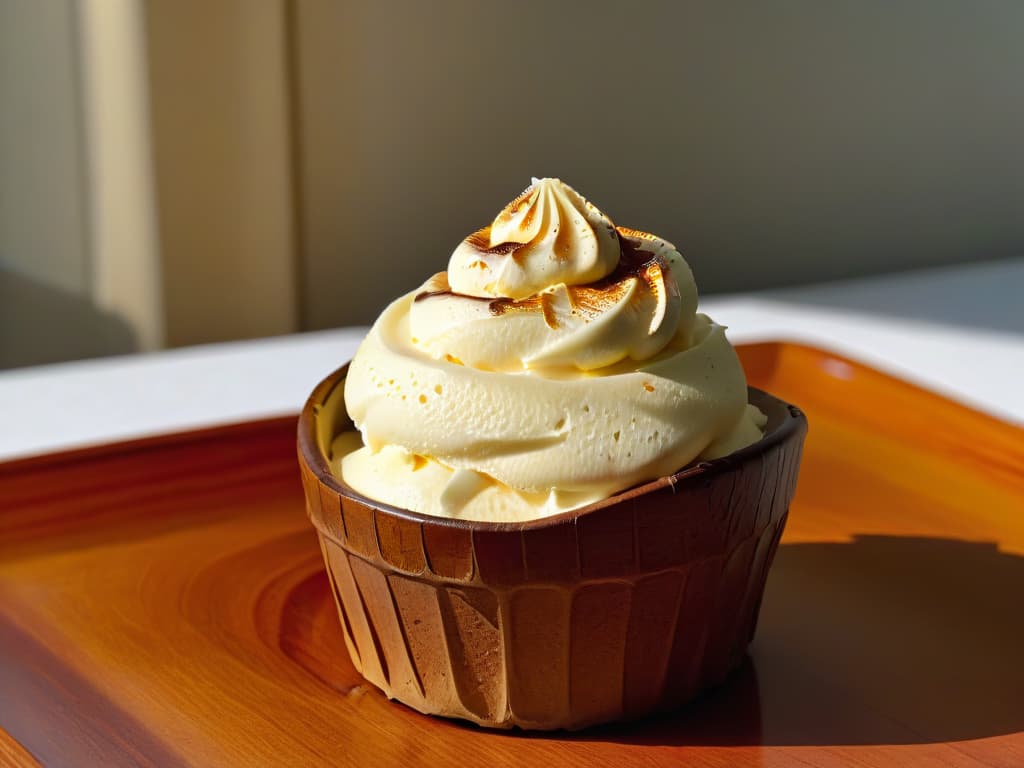  A closeup, ultradetailed image of a scoop of creamy homemade vanilla ice cream melting slightly on a rustic wooden cone, with tiny specks of vanilla bean visible in the rich, velvety texture. The soft, golden sunlight filtering through a window casts a warm glow on the dessert, highlighting its tempting swirls and inviting aesthetic. hyperrealistic, full body, detailed clothing, highly detailed, cinematic lighting, stunningly beautiful, intricate, sharp focus, f/1. 8, 85mm, (centered image composition), (professionally color graded), ((bright soft diffused light)), volumetric fog, trending on instagram, trending on tumblr, HDR 4K, 8K