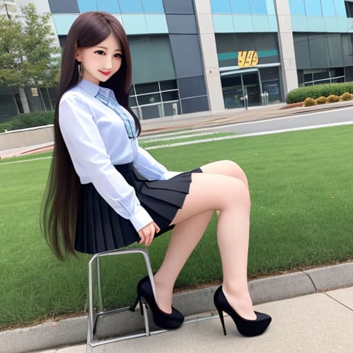  Pleated skirt with high heels long hair beauty