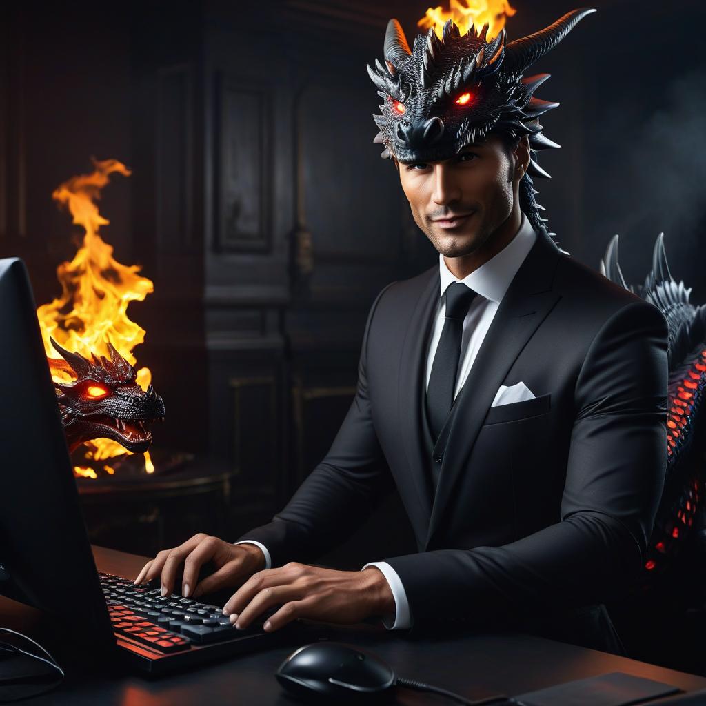  Fashion editorial style Headshot, looking straight into the camera, full face, dragon in a dark suit, kind, with a smile, at the computer, typing on the keyboard, fire all around . High fashion, trendy, stylish, editorial, magazine style, professional, highly detailed hyperrealistic, full body, detailed clothing, highly detailed, cinematic lighting, stunningly beautiful, intricate, sharp focus, f/1. 8, 85mm, (centered image composition), (professionally color graded), ((bright soft diffused light)), volumetric fog, trending on instagram, trending on tumblr, HDR 4K, 8K