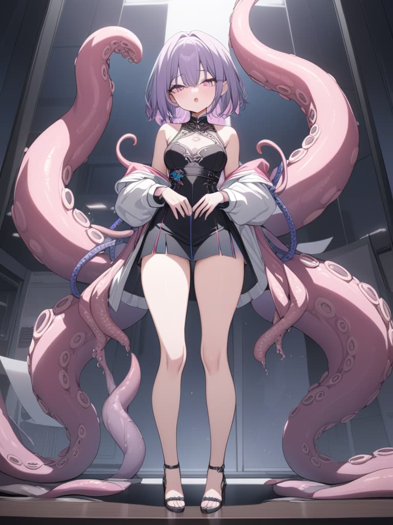  Tentacles, short hair, girl, purple hair, tentacle winding, open mouth, she tops, FULL BODY, masterpiece, best quality,8k,ultra detailed,high resolution,an extremely delicate and beautiful,hyper detail