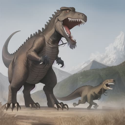  ((((masterpiece)))), best quality, very_high_resolution, ultra-detailed, in-frame, T-Rex, dinosaur, ranch, Jurassic Park, prehistoric creatures, fossil, massive, ancient, extinct, colossal, bone, ferocious, reptile, muscular, carnivorous, wild, thunderous, teeth, fierce, mighty