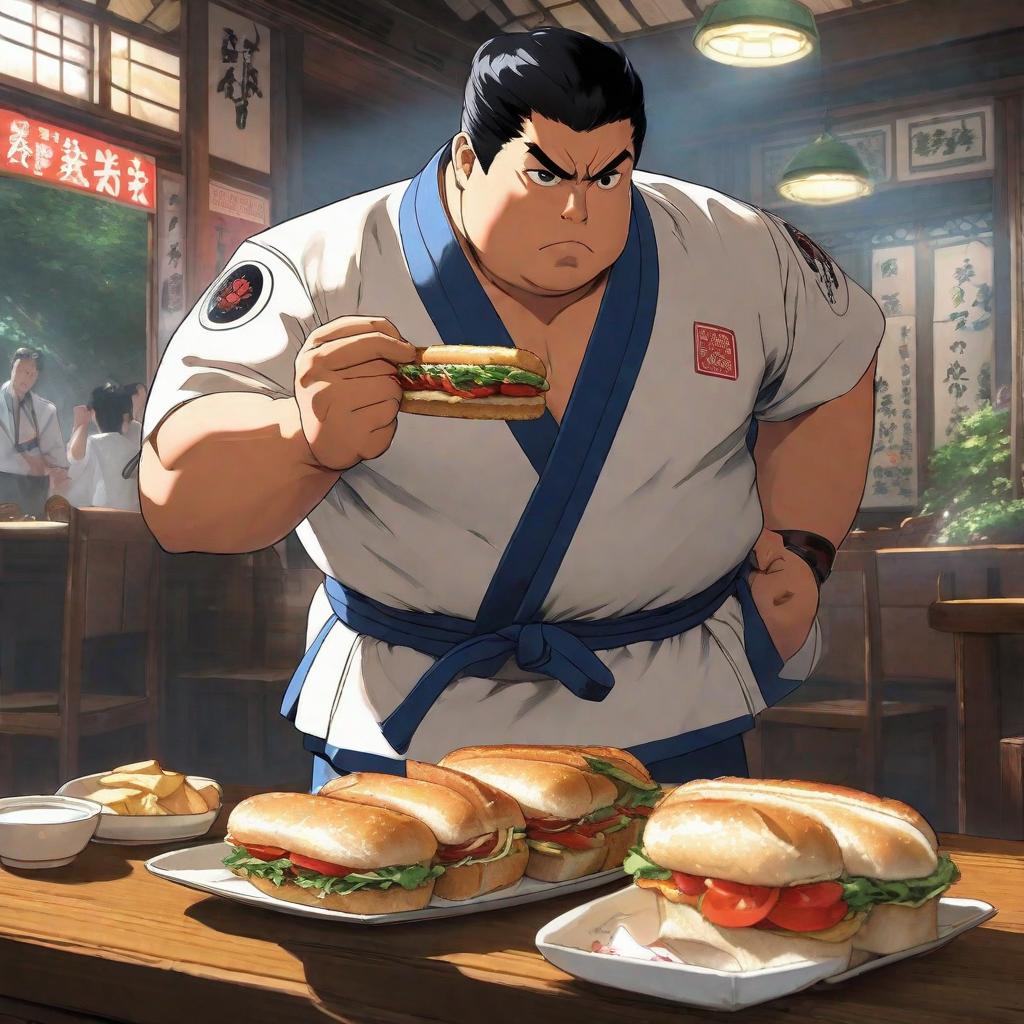  The picture shows a fat young man from behind, with black hair, wearing a karate uniform, eating a sandwich., anime concept art by Hayao Miyazaki, featured on pixiv, fantasy art, concept art, official art, high detailed hyperrealistic, full body, detailed clothing, highly detailed, cinematic lighting, stunningly beautiful, intricate, sharp focus, f/1. 8, 85mm, (centered image composition), (professionally color graded), ((bright soft diffused light)), volumetric fog, trending on instagram, trending on tumblr, HDR 4K, 8K