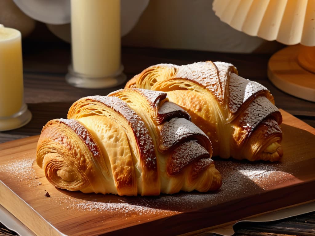  A closeup, ultradetailed image of a perfectly goldenbrown croissant, freshly baked and resting on a rustic wooden table. The flaky layers glisten with a light brush of butter, and a few crumbs are scattered around, highlighting the delicate texture of the pastry. The golden hue contrasts beautifully with the dark grains of the wood, creating a visually striking and appetizing image that captures the essence of the artistry and craftsmanship in pastrymaking. hyperrealistic, full body, detailed clothing, highly detailed, cinematic lighting, stunningly beautiful, intricate, sharp focus, f/1. 8, 85mm, (centered image composition), (professionally color graded), ((bright soft diffused light)), volumetric fog, trending on instagram, trending on tumblr, HDR 4K, 8K