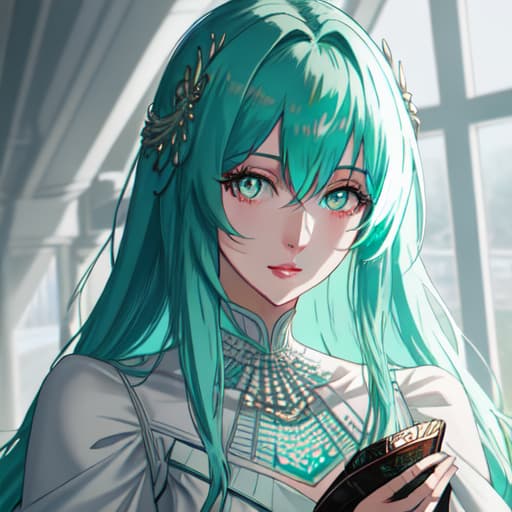  a girl manhua character with mint hair and black eyes and white skin wearing turquoise noble dress hyperrealistic, full body, detailed clothing, highly detailed, cinematic lighting, stunningly beautiful, intricate, sharp focus, f/1. 8, 85mm, (centered image composition), (professionally color graded), ((bright soft diffused light)), volumetric fog, trending on instagram, trending on tumblr, HDR 4K, 8K