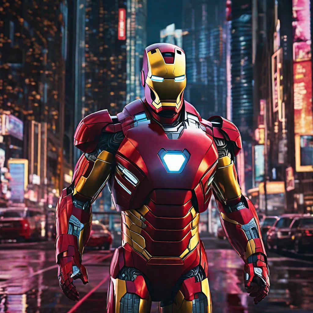  masterpiece, best quality, Best quality, masterpiece, 8k resolution, realistic, highly detailed, close up of Iron Man. In a cyberpunk-style night scene of the city, he stands on a street lined with tall buildings. The city's night lights are bright, The surrounding buildings and streets are filled with cyberpunk elements such as neon lights, high-tech devices, and futuristic architectural designs.