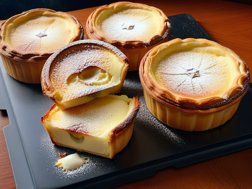  A closeup, ultradetailed image of a perfectly goldenbrown, flaky crust of a freshly baked Pastel de Nata, with delicate layers visible and a light dusting of powdered sugar on top. The image captures the texture and color in such detail that viewers can almost smell the sweet aroma emanating from the pastry. hyperrealistic, full body, detailed clothing, highly detailed, cinematic lighting, stunningly beautiful, intricate, sharp focus, f/1. 8, 85mm, (centered image composition), (professionally color graded), ((bright soft diffused light)), volumetric fog, trending on instagram, trending on tumblr, HDR 4K, 8K