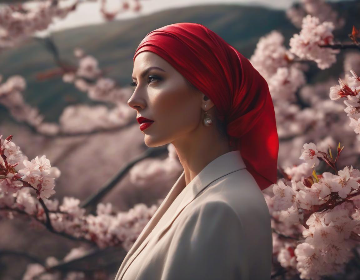  surrealist art A digital art portrait of a woman with a red headscarf, cherry blossoms in her hair, and serene landscape in the background. . dreamlike, mysterious, provocative, symbolic, intricate, detailed hyperrealistic, full body, detailed clothing, highly detailed, cinematic lighting, stunningly beautiful, intricate, sharp focus, f/1. 8, 85mm, (centered image composition), (professionally color graded), ((bright soft diffused light)), volumetric fog, trending on instagram, trending on tumblr, HDR 4K, 8K