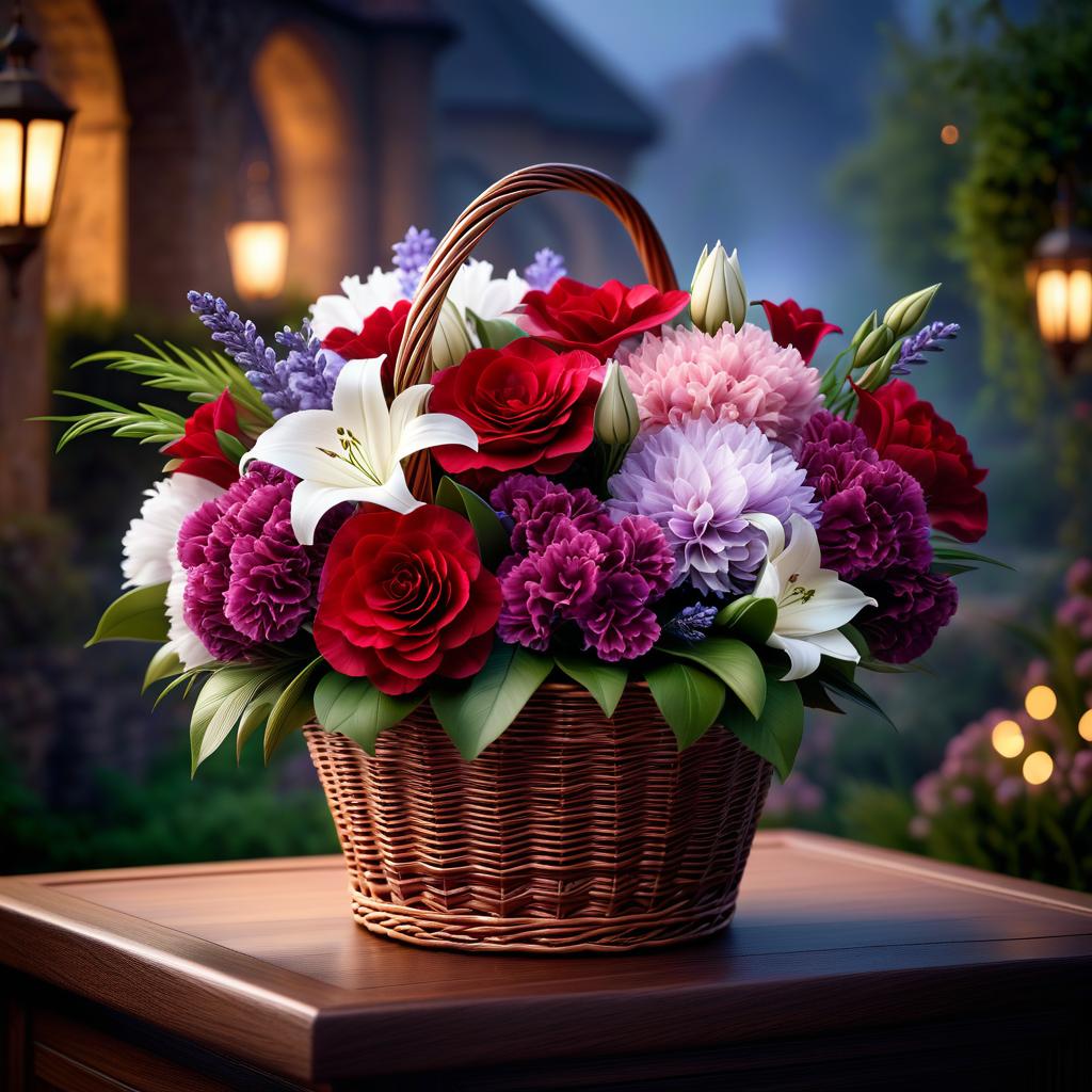  ethereal fantasy concept art of (Bouquet in a wicker basket). The handle of the basket is decorated with a white satin bow with brown polka dots. In the basket is a floral composition: of wheat ears, burgundy carnations, flowers, lavender and in the centre of the bouquet one white pink lily. (Background):night starry sky with flashes of fireworks. Style:fantasy, watercolour, landscape still life genre. . magnificent, celestial, ethereal, painterly, epic, majestic, magical, fantasy art, cover art, dreamy hyperrealistic, full body, detailed clothing, highly detailed, cinematic lighting, stunningly beautiful, intricate, sharp focus, f/1. 8, 85mm, (centered image composition), (professionally color graded), ((bright soft diffused light)), volumetric fog, trending on instagram, trending on tumblr, HDR 4K, 8K