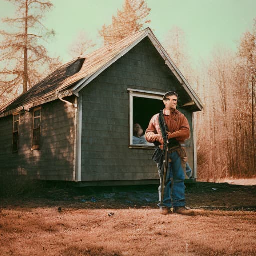 analog style A man in plain clothes holding a rifle, covered in blood, standing in front of a wooden house.