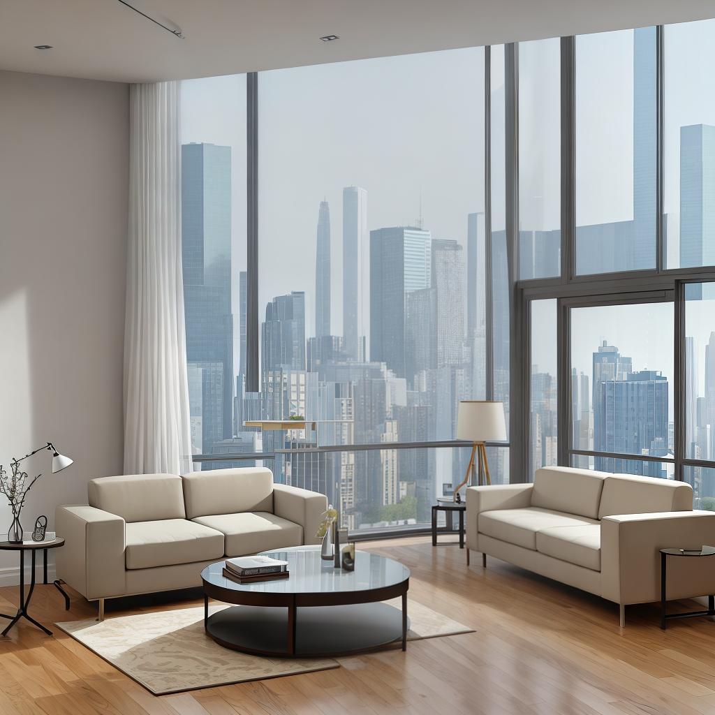  masterpiece, best quality, Best Quality, Masterpiece, 8k resolution,high resolution concept art of an apartment living room with floor to ceiling windows and modern furniture