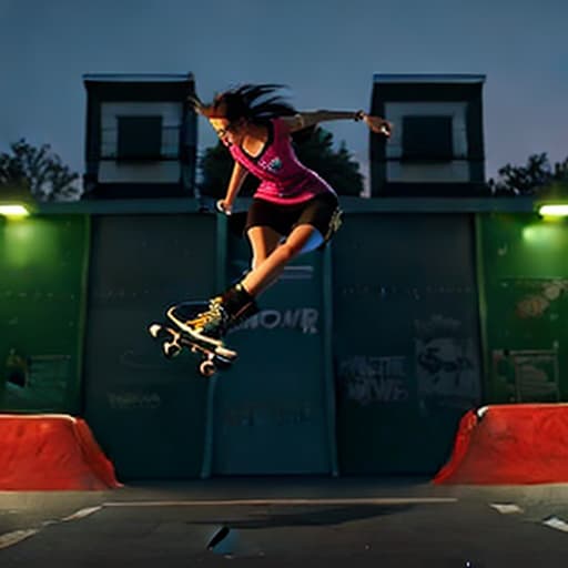  A high resolution digital painting of a female skateboarder performing a kickflip, vibrant colors, dynamic motion, urban background, cinematic lighting, inspired by street art.