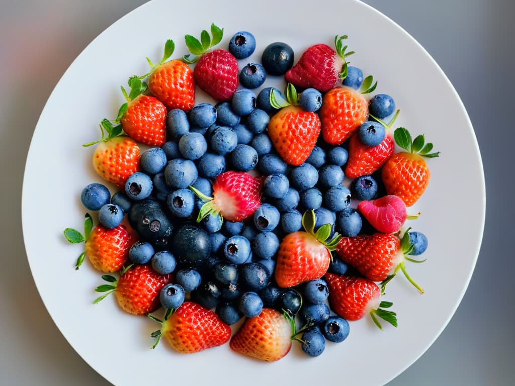  A closeup, ultradetailed image of vibrant, ripe berries such as strawberries, blueberries, and raspberries arranged in a visually appealing pattern on a sleek, modern white plate. The berries glisten with freshness, showcasing their natural beauty and rich antioxidant content. The colors are vivid and inviting, creating a striking visual representation of antioxidantrich ingredients for healthy, radiant skin. hyperrealistic, full body, detailed clothing, highly detailed, cinematic lighting, stunningly beautiful, intricate, sharp focus, f/1. 8, 85mm, (centered image composition), (professionally color graded), ((bright soft diffused light)), volumetric fog, trending on instagram, trending on tumblr, HDR 4K, 8K