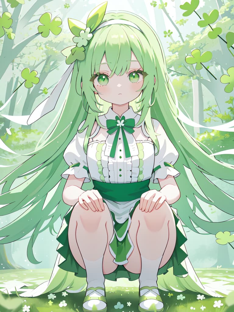  Green Hair, Green Eye, Light Green, clothes are dresses, Skirt, Squat, Clover, White Headband, Long Hair, masterpiece, best quality,8k,ultra detailed,high resolution,an extremely delicate and beautiful,hyper detail