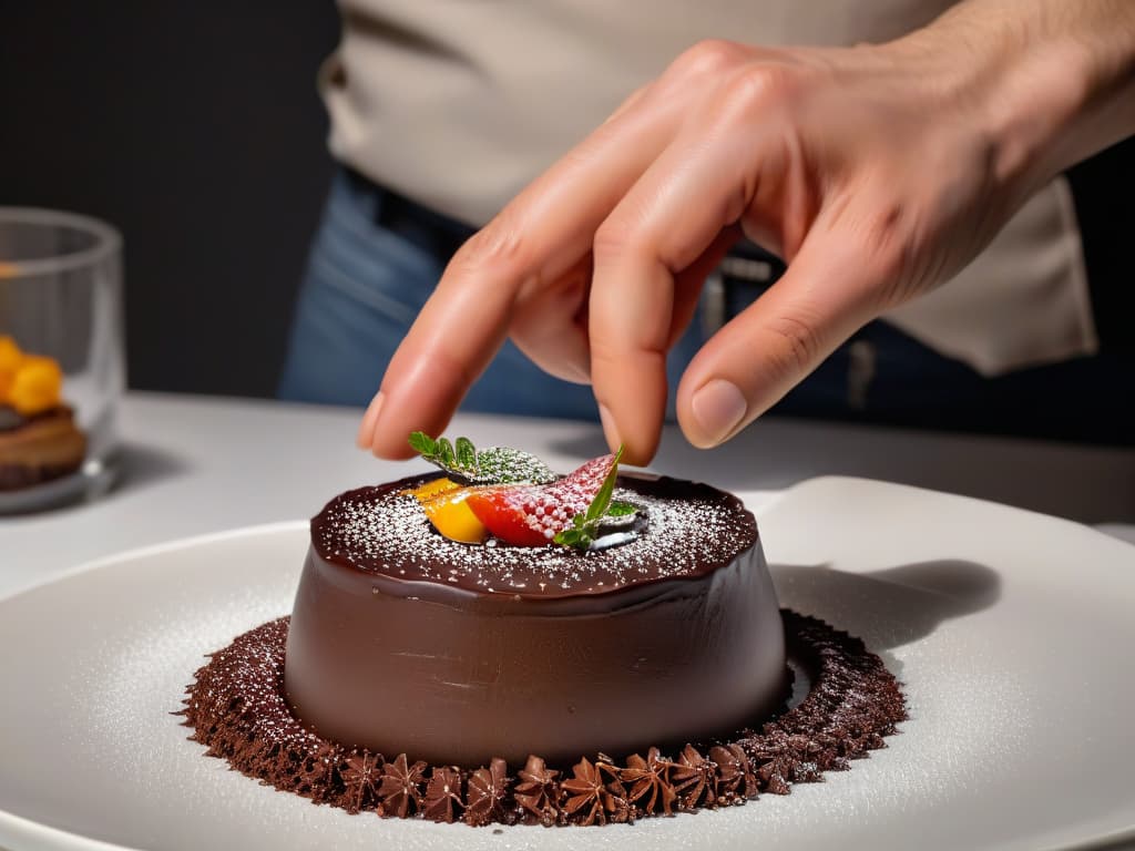  A closeup, ultradetailed image of Ferran Adrià's hands delicately crafting a molecular chocolate dessert in a sleek, modern kitchen setting. The image focuses on the intricate techniques being used, showcasing the precision and artistry involved in molecular gastronomy. The background is blurred, emphasizing the hands and the chocolate creation, with a subtle spotlight illuminating the scene, creating a sense of focus and sophistication. hyperrealistic, full body, detailed clothing, highly detailed, cinematic lighting, stunningly beautiful, intricate, sharp focus, f/1. 8, 85mm, (centered image composition), (professionally color graded), ((bright soft diffused light)), volumetric fog, trending on instagram, trending on tumblr, HDR 4K, 8K