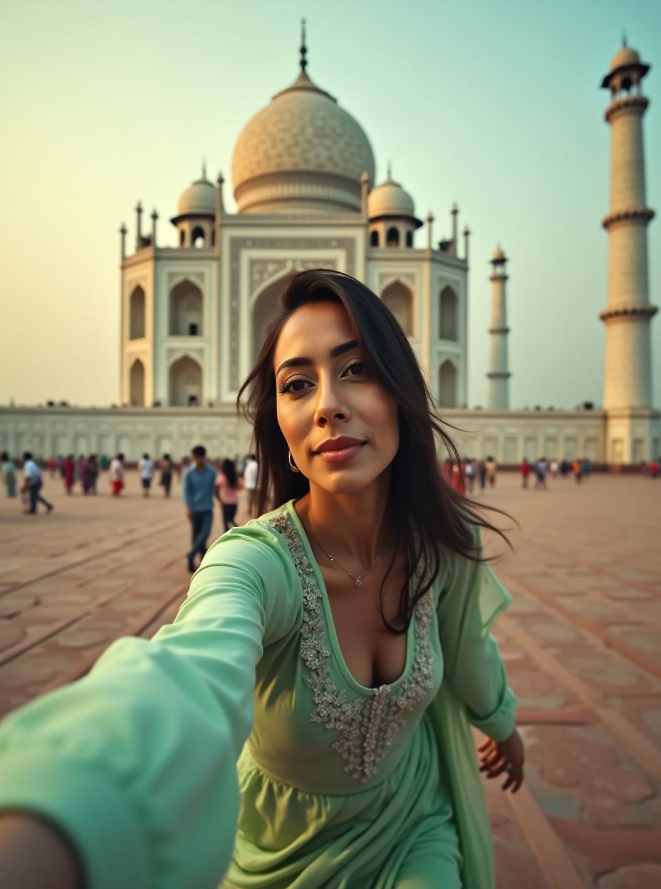  good quality, high quality, a low angle shot. an indian woman wearing a light green kameez is lowered and looking towards the camera, creating a dynamic and immersive perspective. taj mahal with dusky atmosphere in the background. the focus is on the woman, with a slight blur on the background to enhance depth. the lighting is natural, casting soft shadows and enhancing the serene, airy mood. a close up view emphasizes her movement and expression, conveying a sense of freedom and elegance.