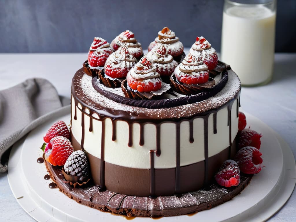  A photorealistic image of a decadent vegan chocolate cake topped with swirls of whipped coconut cream, fresh raspberries, and drizzled with a rich, glossy dark chocolate sauce. The cake sits on a sleek white platter against a dark, moody background, emphasizing its indulgent and luxurious appearance. The layers of moist chocolate cake are visible, sandwiched between creamy coconut frosting, creating a visually stunning and mouthwatering dessert that perfectly complements the article's focus on plantbased milk for vegan desserts. hyperrealistic, full body, detailed clothing, highly detailed, cinematic lighting, stunningly beautiful, intricate, sharp focus, f/1. 8, 85mm, (centered image composition), (professionally color graded), ((bright soft diffused light)), volumetric fog, trending on instagram, trending on tumblr, HDR 4K, 8K