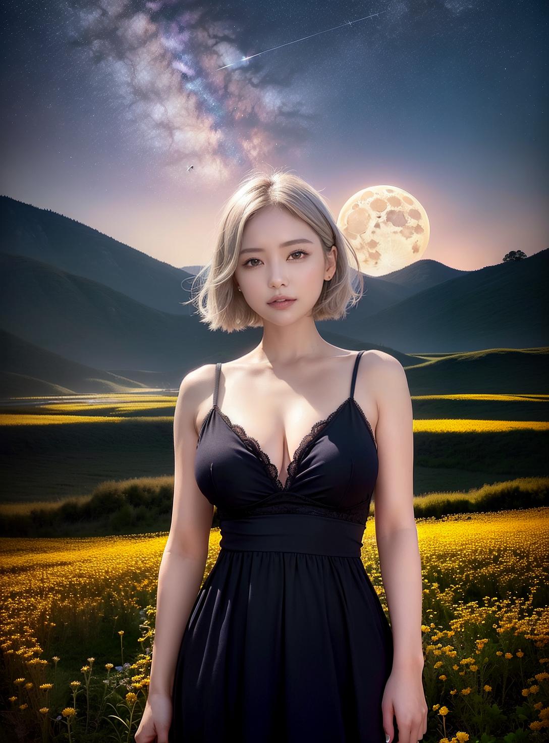  Highest quality, 4K, high resolution, realistic, night sky, beautiful woman, beautiful smile, big eyes, large eyes, abundant breasts, outstanding styles, narrow ankles, wide landscape photos, short hair, light silver Color hair, (viewed from below, the sky is above, and the open field is below), a beautiful woman standing up in a flower garden, (full moon: 1.2), (meteor: 0.9), (star cloud: 1.3 ), The distant mountains, trees destroy art, (warm light: 1.2), (fireflies: 1.2), light, purple and orange, complex details, volumetric lighting breaks (masterpieces: 1.2), (maximum quality ), 4K, super detail, (dynamic composition: 1.4), rich colors, (rainbow color: 1.2), (shine, lighting with atmosphere), dreamy, magic, (one person: 1.2 ), (Masterp