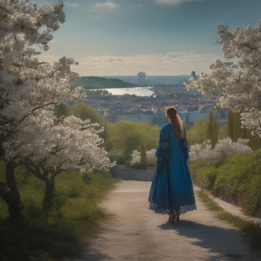  cinematic film still The sea glimmers in blue through the boulevard, the chestnut tree flowers over the city, spring, style of Konstantin Makovsky + Dürer. . shallow depth of field, vignette, highly detailed, high budget, bokeh, cinemascope, moody, epic, gorgeous, film grain, grainy hyperrealistic, full body, detailed clothing, highly detailed, cinematic lighting, stunningly beautiful, intricate, sharp focus, f/1. 8, 85mm, (centered image composition), (professionally color graded), ((bright soft diffused light)), volumetric fog, trending on instagram, trending on tumblr, HDR 4K, 8K