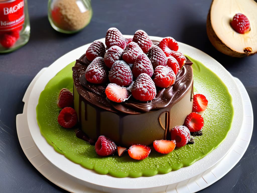  A closeup, ultradetailed image of a decadent chocolate avocado mousse topped with fresh raspberries and a sprinkle of chia seeds, presented elegantly on a white marble plate. The glossy texture of the mousse contrasts beautifully with the vibrant red of the raspberries, creating a visually appealing and appetizing composition that perfectly embodies the concept of healthy fiberrich desserts. hyperrealistic, full body, detailed clothing, highly detailed, cinematic lighting, stunningly beautiful, intricate, sharp focus, f/1. 8, 85mm, (centered image composition), (professionally color graded), ((bright soft diffused light)), volumetric fog, trending on instagram, trending on tumblr, HDR 4K, 8K