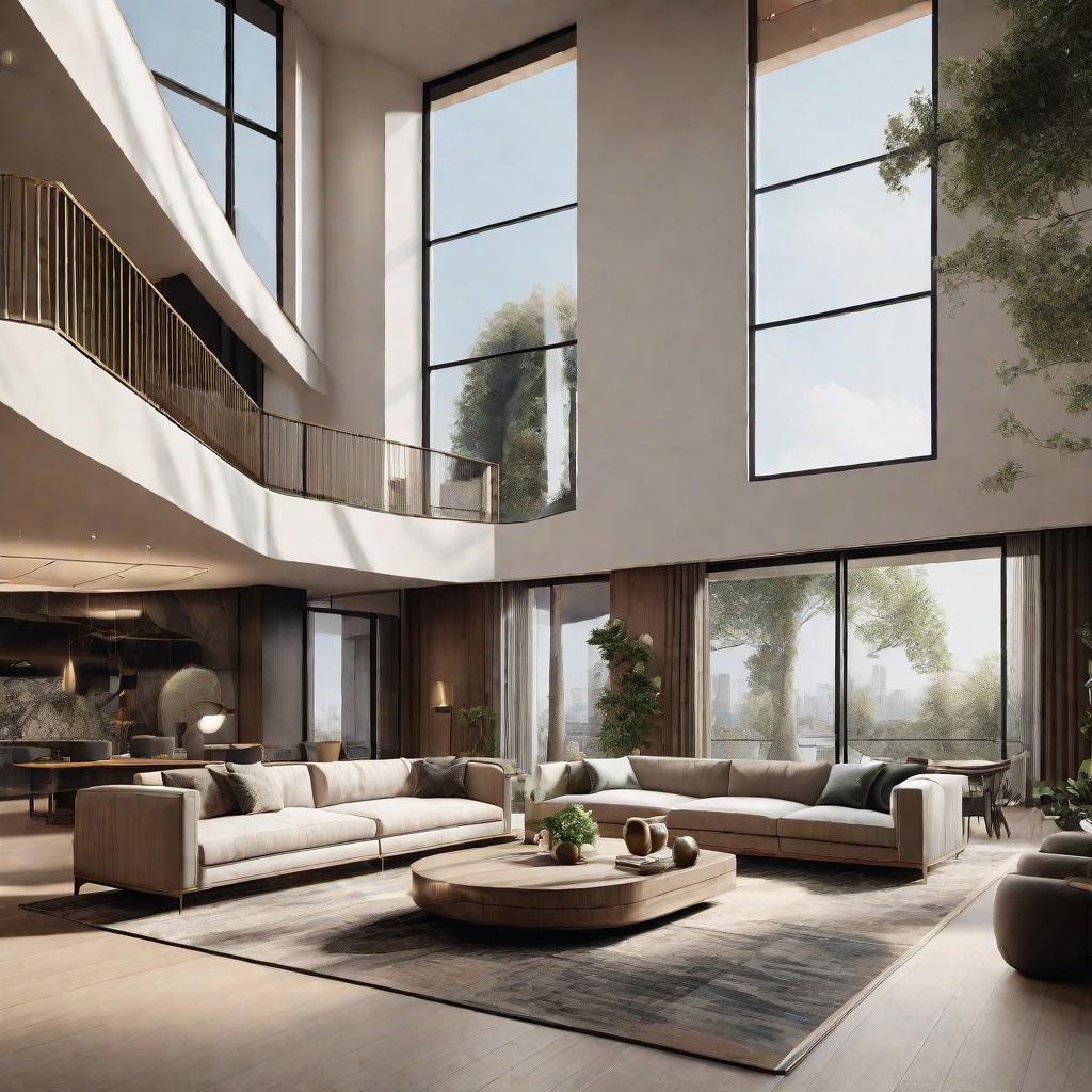  masterpiece, best quality, best quality, masterpiece, 8k resolution, high resolution apartment Living room concept art with floor-to-ceiling windows and modern furniture