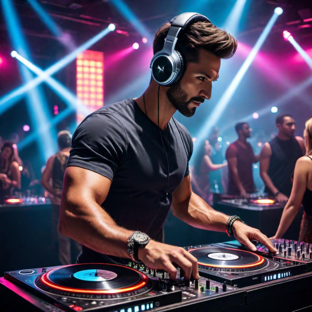  Draw a picture of a DJ standing behind a DJ booth with turntables, wearing headphones, and mixing music at a club. The atmosphere is dynamic and colorful, with a dance floor in the background filled with people dancing to the music. There are laser lights and strobe lights creating an energetic vibe. hyperrealistic, full body, detailed clothing, highly detailed, cinematic lighting, stunningly beautiful, intricate, sharp focus, f/1. 8, 85mm, (centered image composition), (professionally color graded), ((bright soft diffused light)), volumetric fog, trending on instagram, trending on tumblr, HDR 4K, 8K