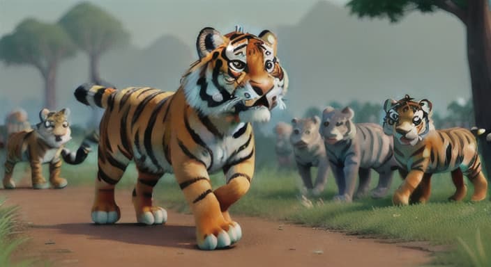  {The tiger timidly walking towards a group of animals, who look surprised but interested., He walks with a determined look on his face, ready to make new friends.