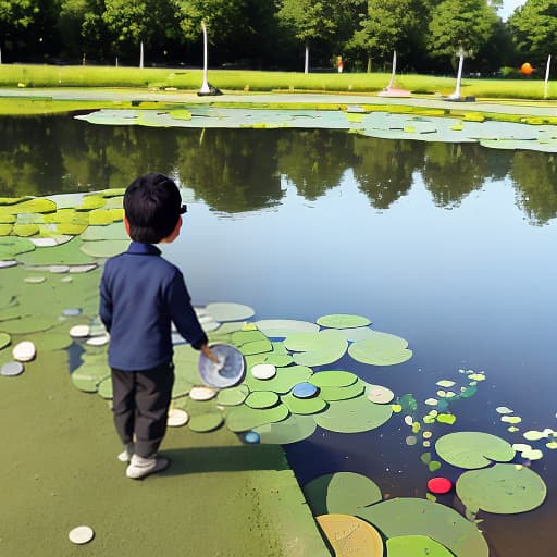  Bank of pond a boy throwing coin