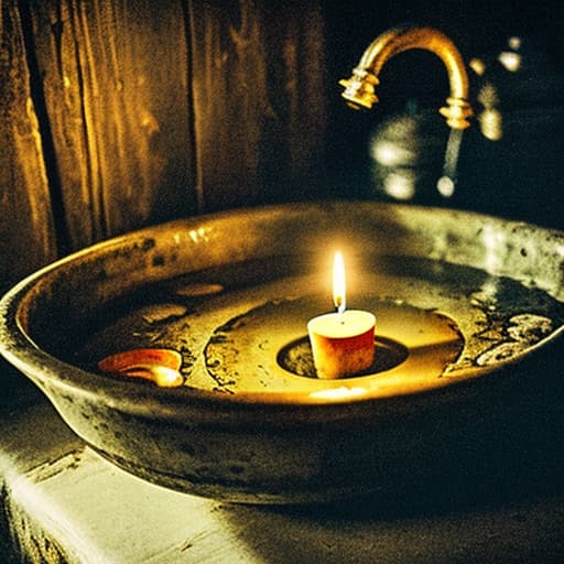   old, , , , HDR, cinematic, film still, , ing in a washbasin, out on the frontier, 19th century setting, candlelight