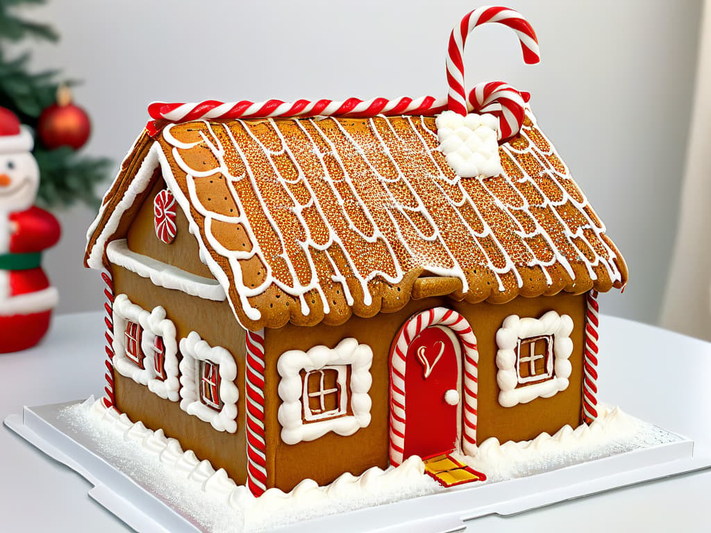  A closeup, ultradetailed image of a beautifully decorated sugarfree gingerbread house, featuring intricate icing details, festive candy cane adornments, and a dusting of edible glitter, set against a clean, white backdrop to highlight the exquisite craftsmanship and festive spirit of the holiday season. hyperrealistic, full body, detailed clothing, highly detailed, cinematic lighting, stunningly beautiful, intricate, sharp focus, f/1. 8, 85mm, (centered image composition), (professionally color graded), ((bright soft diffused light)), volumetric fog, trending on instagram, trending on tumblr, HDR 4K, 8K