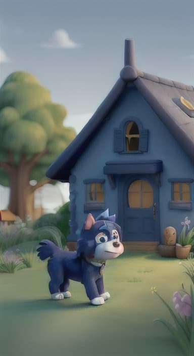  {Max walking back towards the cozy little house with droopy eyes, as twilight falls, The big blue dog is large with sky blue fur, big round eyes, a black nose, and floppy ears.