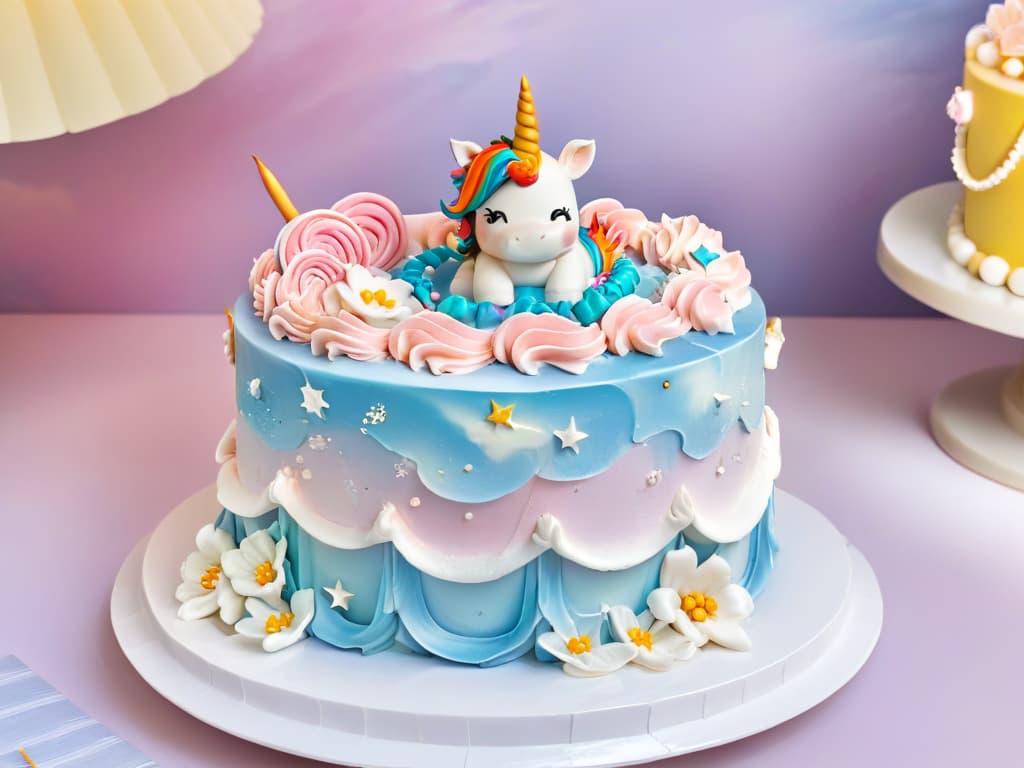  An ultradetailed photorealistic image of a whimsical twotiered cake decorated with a magical unicorn theme. The cake features intricate fondant details like pastelcolored swirls, edible glitter, and delicate fondant flowers. Adorning the top tier is a beautifully sculpted edible unicorn figurine with a flowing mane and shimmering horn. The background showcases a dreamy rainbow sky with fluffy clouds, enhancing the enchanting and fantastical atmosphere of the cake. hyperrealistic, full body, detailed clothing, highly detailed, cinematic lighting, stunningly beautiful, intricate, sharp focus, f/1. 8, 85mm, (centered image composition), (professionally color graded), ((bright soft diffused light)), volumetric fog, trending on instagram, trending on tumblr, HDR 4K, 8K