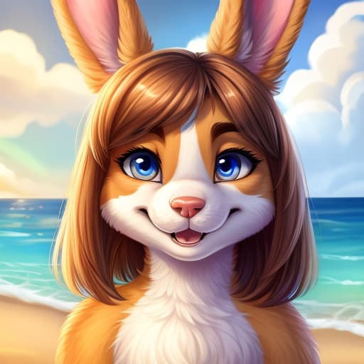  Male Dog Female Bunny beach setting, open eyes, digital art, masterpiece, 4k, fine details,