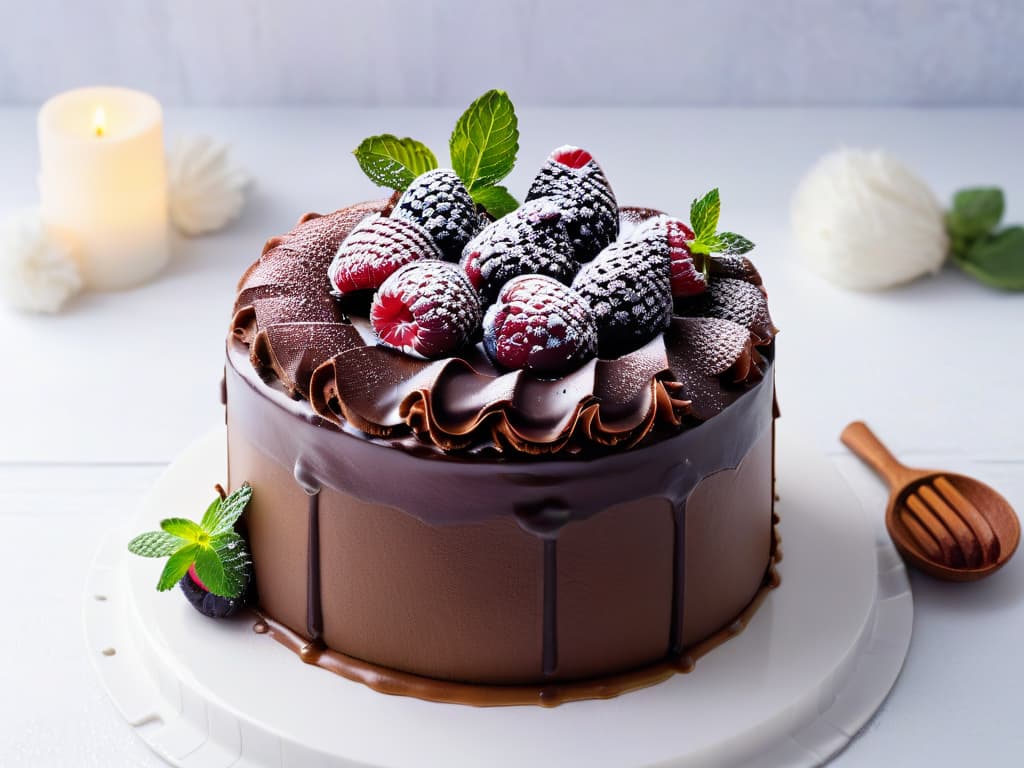  A closeup, ultradetailed image of a decadent vegan chocolate cake with a glossy ganache glaze, adorned with fresh raspberries and mint leaves on a modern marble serving board. The cake is perfectly sliced to showcase its rich, moist texture and intricate layers, with the ganache elegantly cascading down the sides. The vibrant colors and intricate details highlight the luxurious and indulgent nature of vegan desserts, enticing readers to explore the world of perfect textures in vegan baking. hyperrealistic, full body, detailed clothing, highly detailed, cinematic lighting, stunningly beautiful, intricate, sharp focus, f/1. 8, 85mm, (centered image composition), (professionally color graded), ((bright soft diffused light)), volumetric fog, trending on instagram, trending on tumblr, HDR 4K, 8K