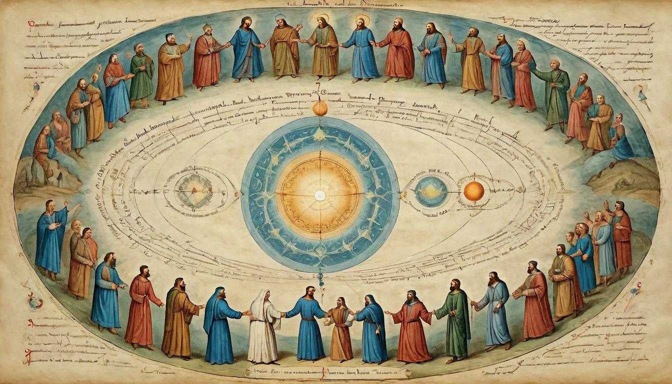  on parchment, surrealism+++, Circles of figures holding hands, encircling a glowing orb, unity in diversity, myriad hues of human and mystical figures, orb pulsating with light, symbol of unity consciousness, radiant, inclusive, harmonious.(mysterious, provocative, symbolic,muted color)+++