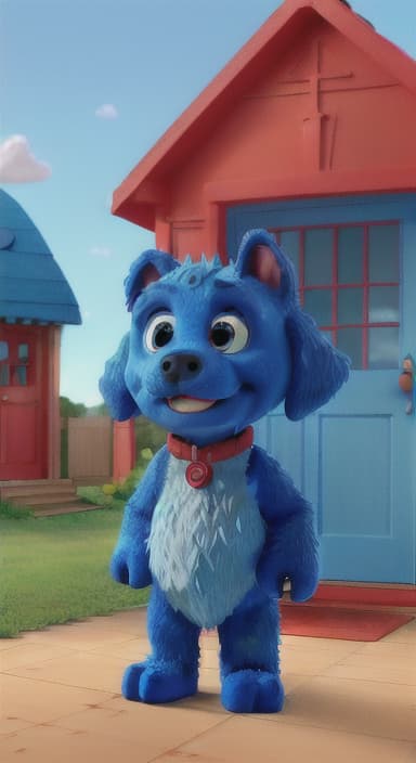  {Max the big blue dog standing in front of a cozy little house with a red door, The big blue dog is large with sky blue fur, big round eyes, a black nose, and floppy ears.