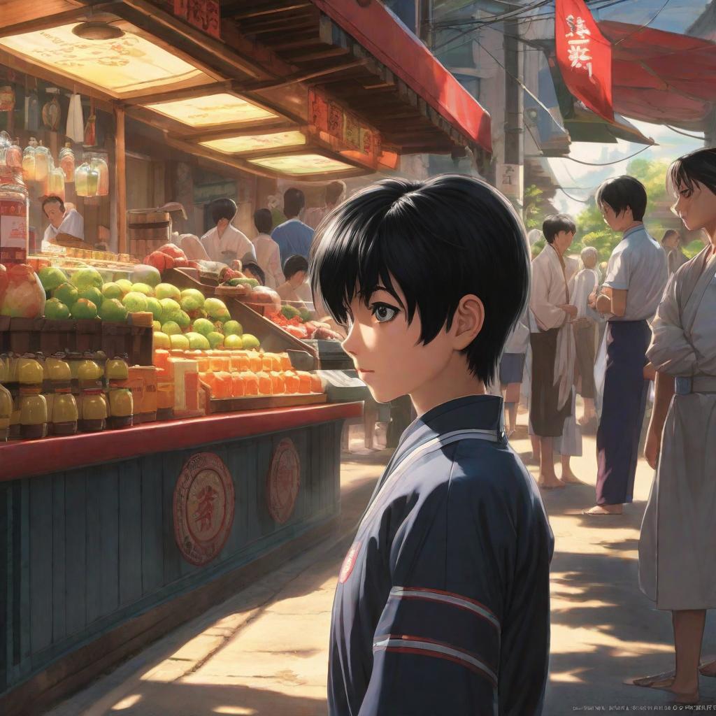  A black haired child wearing a karate uniform standing in line for a juice vendor., anime concept art by Hayao Miyazaki, featured on pixiv, fantasy art, concept art, official art, high detailed hyperrealistic, full body, detailed clothing, highly detailed, cinematic lighting, stunningly beautiful, intricate, sharp focus, f/1. 8, 85mm, (centered image composition), (professionally color graded), ((bright soft diffused light)), volumetric fog, trending on instagram, trending on tumblr, HDR 4K, 8K