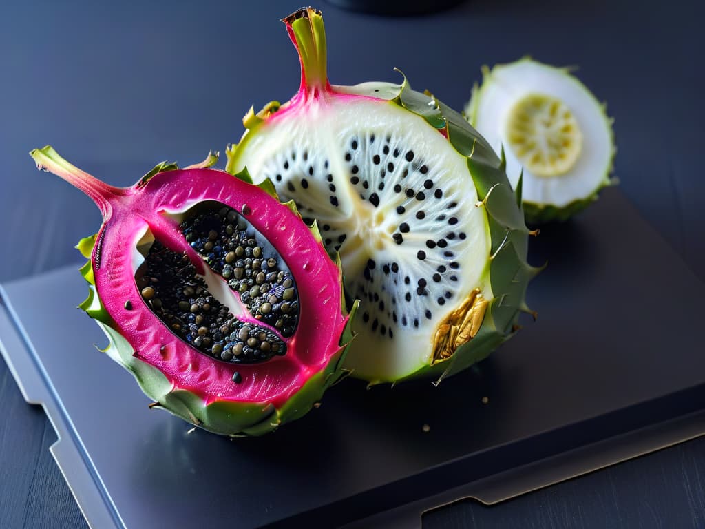  An ultradetailed closeup image of a vibrant purple dragon fruit sliced in half, showcasing its mesmerizing whiteandblack speckled flesh dotted with tiny, glossy black seeds. The fruit's velvety magenta skin contrasts sharply with the snowy interior, creating a visually striking and exotic composition. The intricate details of the fruit's texture and the delicate arrangement of seeds are highlighted in stunning clarity, evoking a sense of mystery and sophistication perfect for the theme of exotic ingredients in global pastrymaking. hyperrealistic, full body, detailed clothing, highly detailed, cinematic lighting, stunningly beautiful, intricate, sharp focus, f/1. 8, 85mm, (centered image composition), (professionally color graded), ((bright soft diffused light)), volumetric fog, trending on instagram, trending on tumblr, HDR 4K, 8K