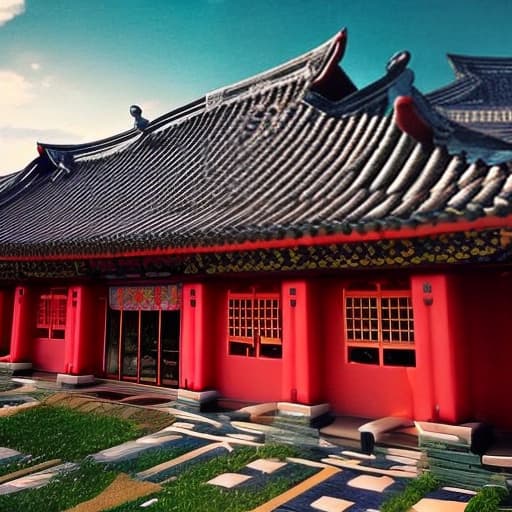  Goguryeo tile-roofed house. Big garden. Shining. Pastelton. Clear. Sparkling. Beautiful. Gradient. Round pillar. Magnificent. Skipfloor