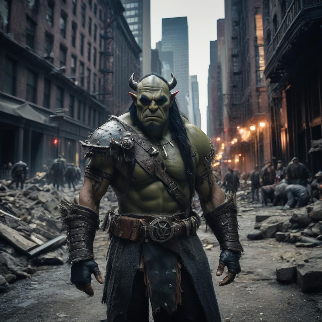  cinematic film still There are evil orcs roaming the ruins of New York City. . shallow depth of field, vignette, highly detailed, high budget, bokeh, cinemascope, moody, epic, gorgeous, film grain, grainy hyperrealistic, full body, detailed clothing, highly detailed, cinematic lighting, stunningly beautiful, intricate, sharp focus, f/1. 8, 85mm, (centered image composition), (professionally color graded), ((bright soft diffused light)), volumetric fog, trending on instagram, trending on tumblr, HDR 4K, 8K