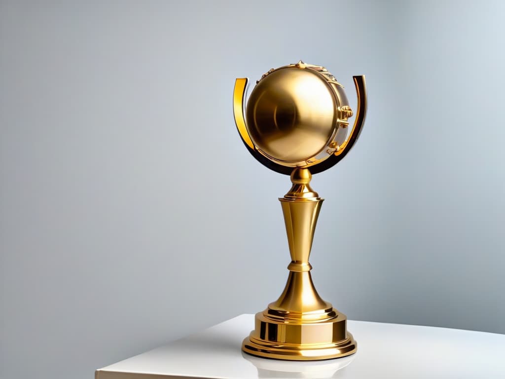  A closeup, highresolution image of a gleaming golden trophy embellished with intricate swirls and engravings, set against a pristine white background. The trophy, elegantly reflecting light, stands as a symbol of achievement and excellence, embodying the essence of recognition and success in the field of baking and confectionery. hyperrealistic, full body, detailed clothing, highly detailed, cinematic lighting, stunningly beautiful, intricate, sharp focus, f/1. 8, 85mm, (centered image composition), (professionally color graded), ((bright soft diffused light)), volumetric fog, trending on instagram, trending on tumblr, HDR 4K, 8K