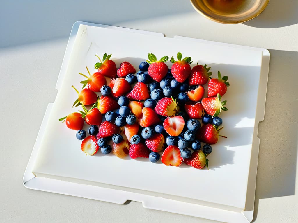  An ultradetailed image of a pristine, white marble kitchen countertop with scattered vibrant, fresh berries like raspberries, blueberries, and strawberries, all meticulously arranged in a visually pleasing, symmetrical pattern. The natural light filtering in from a nearby window casts soft shadows that enhance the textures of the berries, highlighting their plump, juicy appearance. The minimalistic composition focuses solely on the beauty of the colorful berries against the clean, luxurious backdrop of the marble countertop, evoking a sense of freshness, elegance, and gourmet sophistication. hyperrealistic, full body, detailed clothing, highly detailed, cinematic lighting, stunningly beautiful, intricate, sharp focus, f/1. 8, 85mm, (centered image composition), (professionally color graded), ((bright soft diffused light)), volumetric fog, trending on instagram, trending on tumblr, HDR 4K, 8K