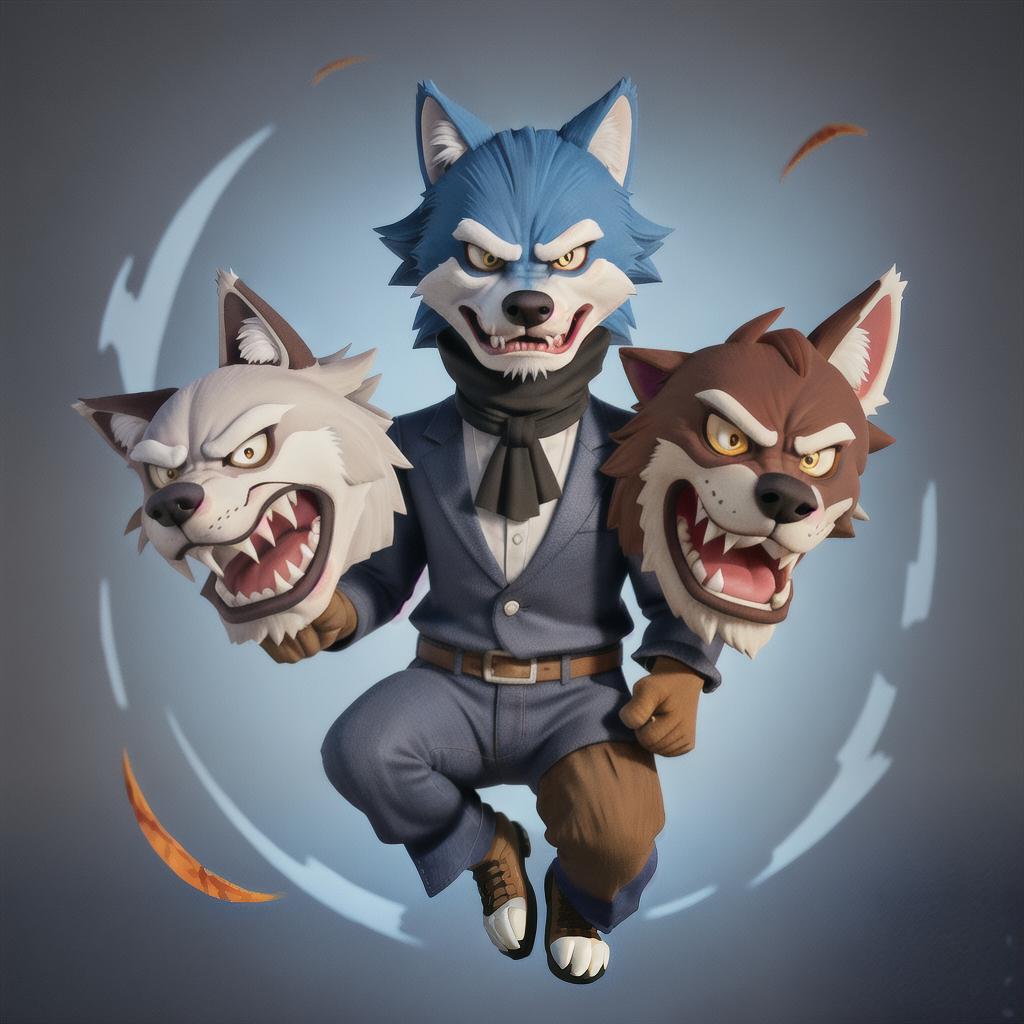  Animal image anthropomorphic, bad guy, knife-wielding, scar on face, single person, wolf head, three-angle view, angry, ferocious expression, Q-print wind
