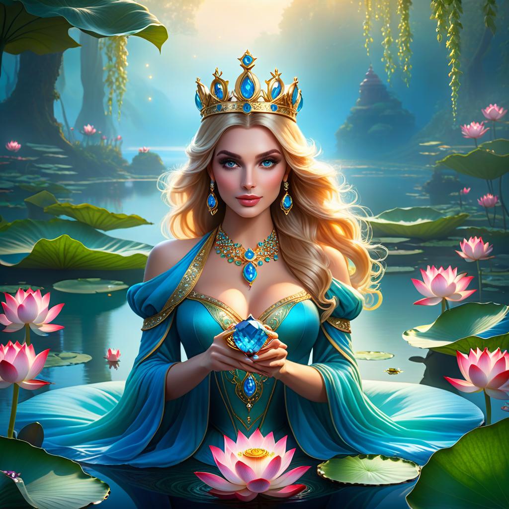  ethereal fantasy concept art of (Background): a lake with blooming lotuses of different shades: from white pink to bright crimson and leaves of tender green colour. The sky above the lake of dark blue colour with golden stars scattered on it. (Fantasy Princess Frog): in the centre of the lake on the biggest lotus flower sits a charming frog in a golden crown decorated with blue and blue precious stones. In his paws he holds a ring decorated with blue stones. Style: fantasy, Russian fairy tales, illustrations. . magnificent, celestial, ethereal, painterly, epic, majestic, magical, fantasy art, cover art, dreamy hyperrealistic, full body, detailed clothing, highly detailed, cinematic lighting, stunningly beautiful, intricate, sharp focus, f/1. 8, 85mm, (centered image composition), (professionally color graded), ((bright soft diffused light)), volumetric fog, trending on instagram, trending on tumblr, HDR 4K, 8K