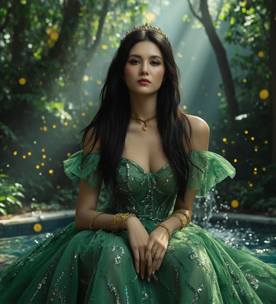  detail, photo, cinscene, dreamwalking an elven lady sitting in front of a fountain inside a dense fantasy forest. she wares an intricate green gown made from crystals and diamonds. she has long stylish flowing black hair. she has beautiful eyes with dark makeup. she is adorned with golden jewelry like bracelets, choker and a tiara, reflecting the sunlight. she is surrounded by fireflies giving the image a magical and epic feel to it. the image has a sharp background.