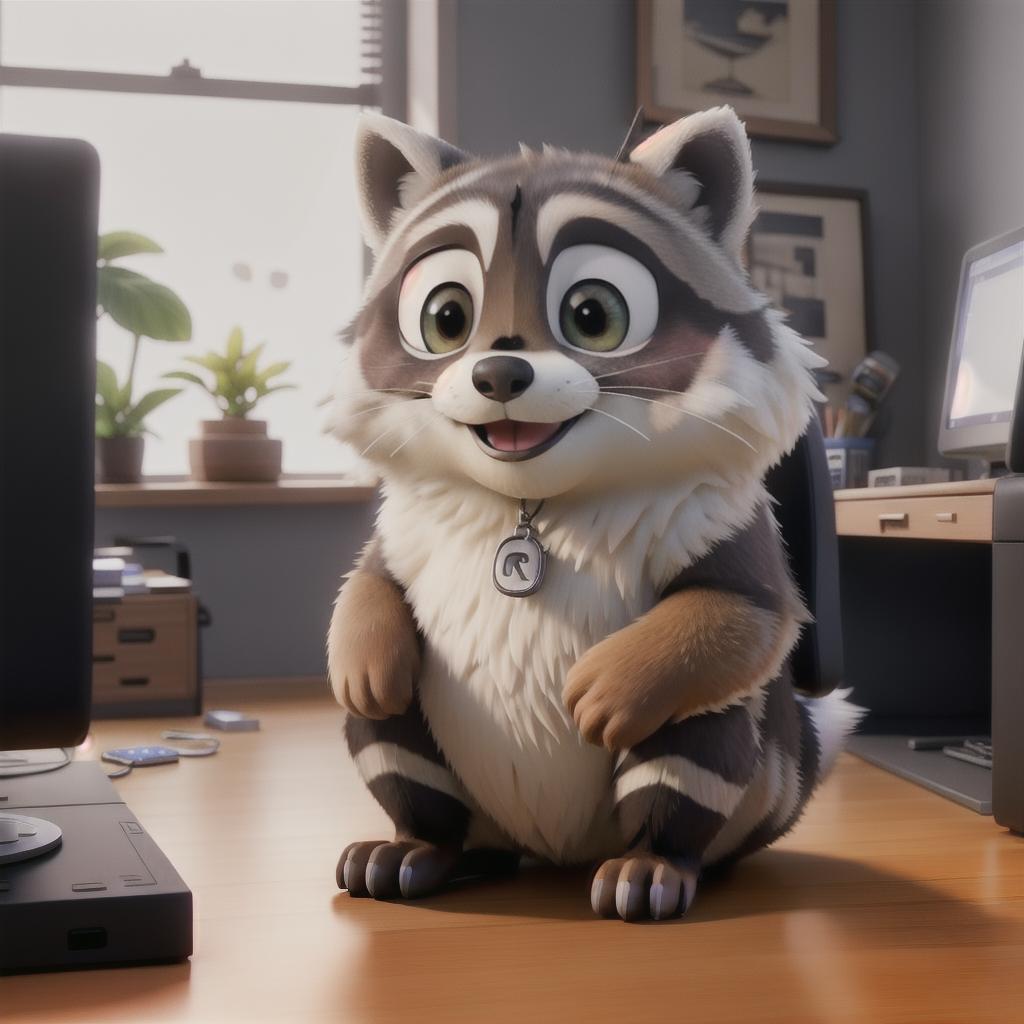  raccoon sitting in gaming chair front a computer on desktop, ((semi anthropomorphic)),(full body), tail, belly, sitting, fat, (chubby), (((white background))), solo, desktop, gaming chair, side view,  [[[clothes]]] hyperrealistic, full body, detailed clothing, highly detailed, cinematic lighting, stunningly beautiful, intricate, sharp focus, f/1. 8, 85mm, (centered image composition), (professionally color graded), ((bright soft diffused light)), volumetric fog, trending on instagram, trending on tumblr, HDR 4K, 8K