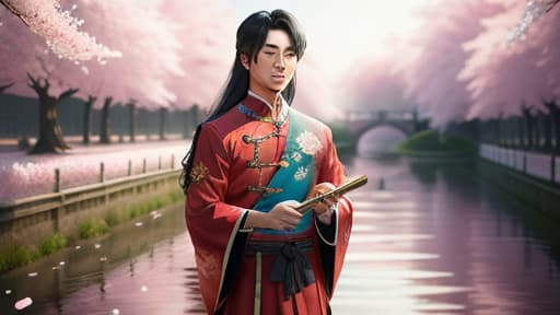  A Chinese adult handsome man wearing Chinese traditional dress, long hair, standing on the small bridge of river, holding a Chinese hand fan, cherry blossoming season, petals blowing heavily everywhere, hd view, high resolution , hyperrealistic, high quality, highly detailed, perfect lighting, intricate, sharp focus, f/1. 8, 85mm, (centered image composition), (professionally color graded), ((bright soft diffused light)), trending on instagram, HDR 4K, 8K