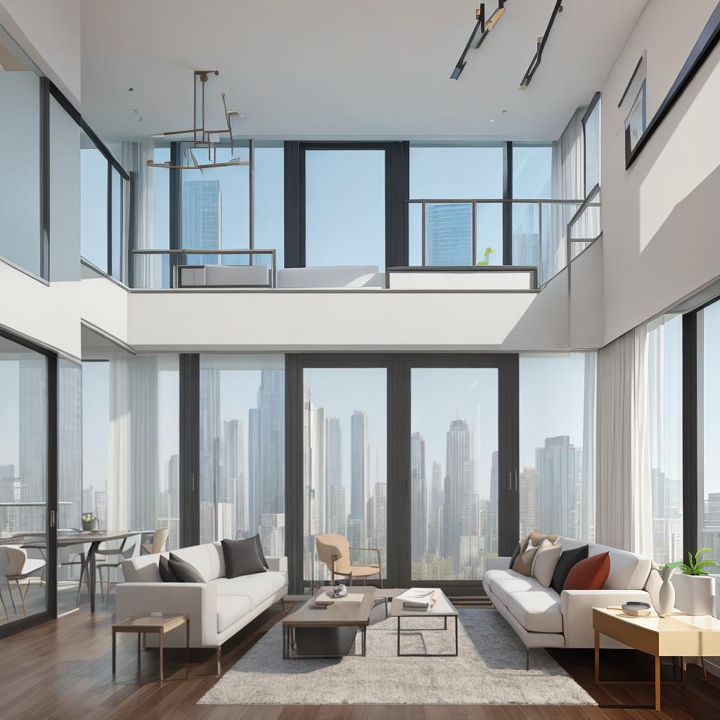  masterpiece, best quality, Best Quality, Masterpiece, 8k resolution,high resolution concept art of an apartment living room with floor to ceiling windows and modern furniture